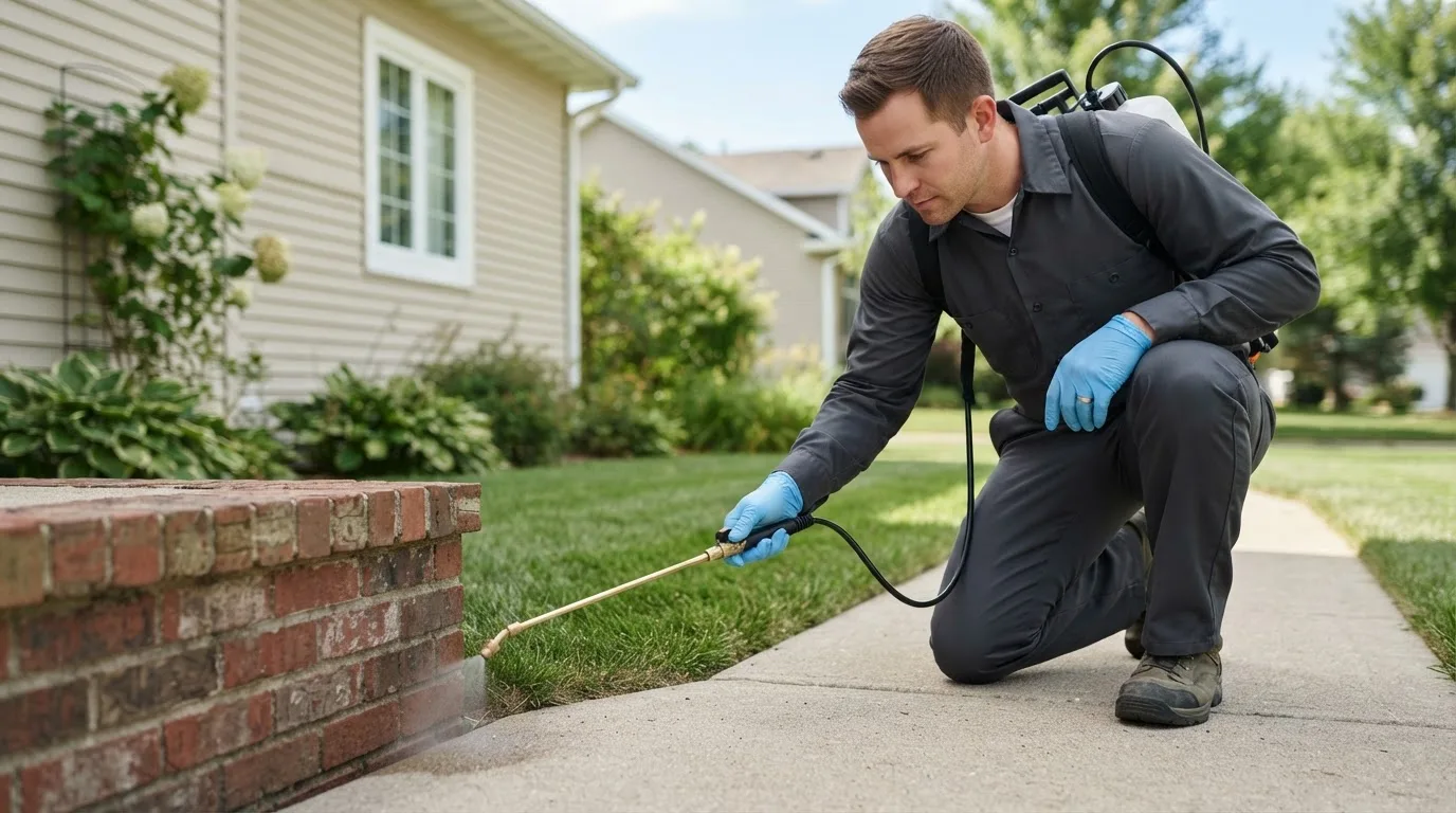 Pest control technician treating a home near Kingsley, MI