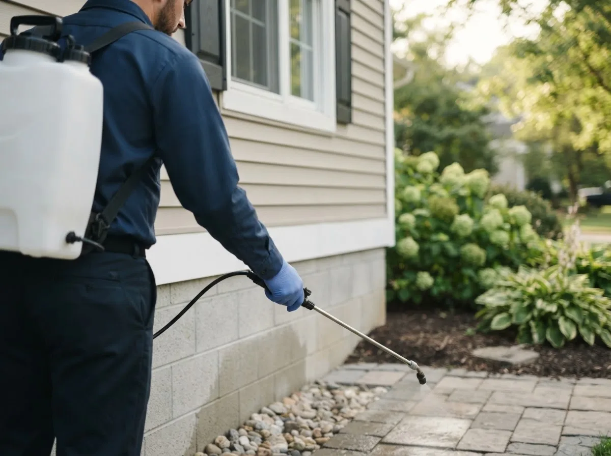 Pest control technician inspecting a home in Kingsley, MI